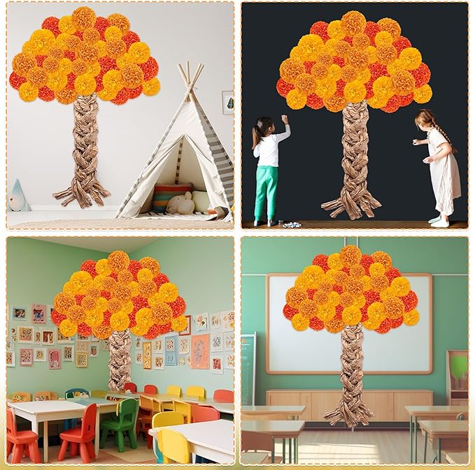 Fall Thanksgiving Tree Bulletin Board Set DIY 3D Tree with Paper Pom Poms Kraft Craft Bulletin Board Classroom Wall Decorations for Fall Thanksgiving Party School Chalkboard Teacher Supplies (Orange)