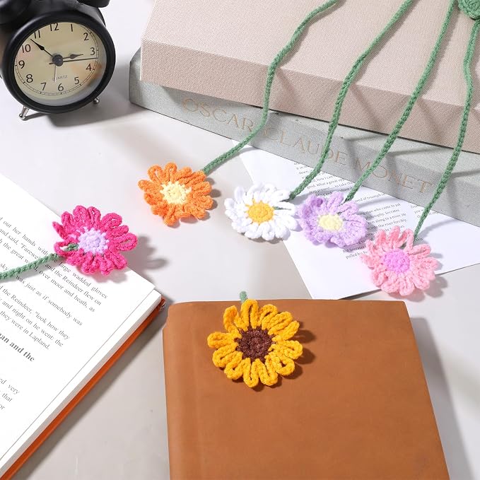 6 PCS Cute Flower Crochet Bookmarks, Cute Crochet Embroidered Sunflower Daisy Bookmark, Bookish Gifts Book Marks for Reading Women Book Lovers Teachers