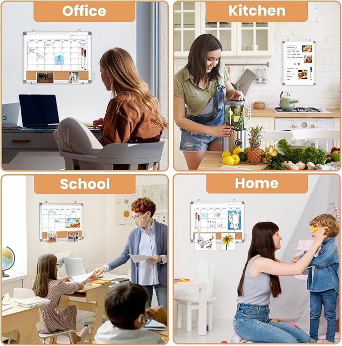 Small Monthly Dry Erase Calendar Whiteboard for Wall, 16" x 12" Double-Sided Magnetic Cute Calendar Dry Erase Board, Portable Hang Framed White Board Corkboard for Cubicle, Office, Home, College Dorm