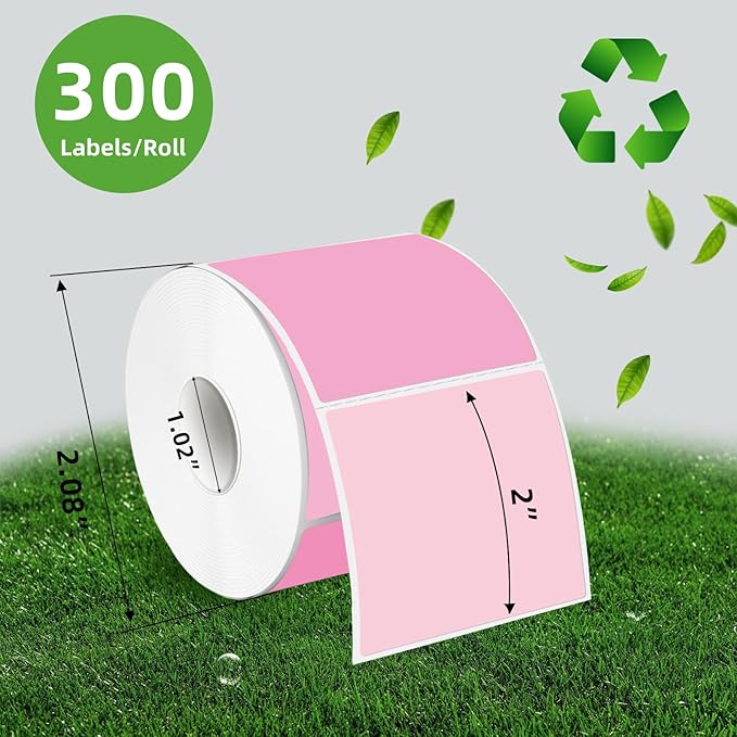 Square Thermal Labels Stickers 2" x 2", Pink Self-Adhesive Square Direct Thermal Labels Stickers, Waterproof& Perforation Line Design- 300 Sheets/Gradient Color