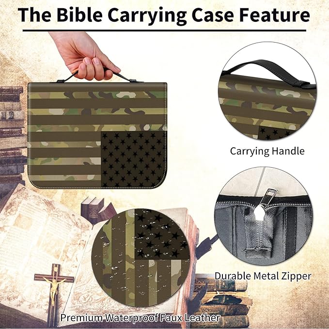 Bible Cover for Men,Large Leather Bible Case Fit Book Up to 11x8x2 Inch,USA Flag Camouflage Bible Covers Bible Study Carrier Church Bags w/Handle & Zipper