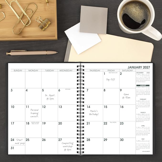 AT-A-GLANCE 2027 Planner, Monthly, 7" x 8.75", Large Print, Unruled Daily Blocks, Black (70LP090527)