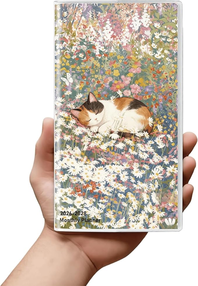 Pocket Calendar 2026-2028 Animal Series, Monthly Planner Jan 2026 to Jul 2028 (3.7" x 6.7") Perfect Purse Calendar, Pocket Agenda with Protective Plastic Sleeve- Napping Cat