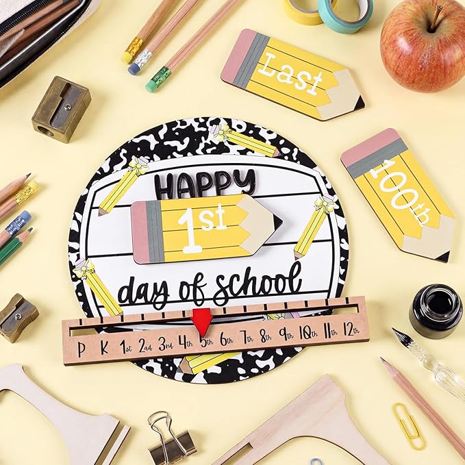 Kosiz First and Last Day of School Sign with Back to School Board Gifts Wooden First Day Sign Reusable Dry Erase 8'' (Composition Notebook and Pencil)