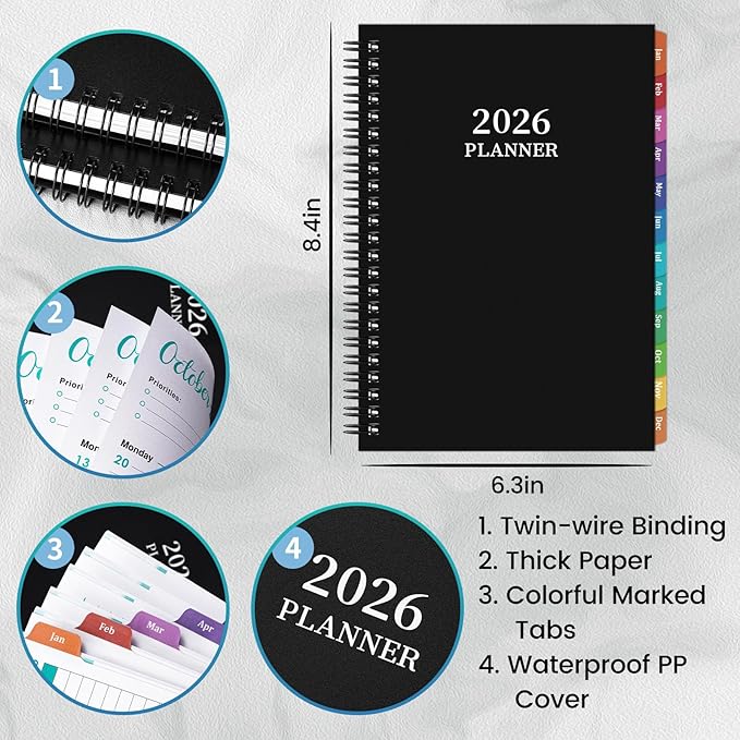 2026 Planner- Planner 2026 Weekly and Monthly, Jan.2026 - Dec.2026, 6.3"×8.4", Weekly & Monthly Planner 2026, Colorful Tabs, Twin-wire Binding, Back Pocket - Black