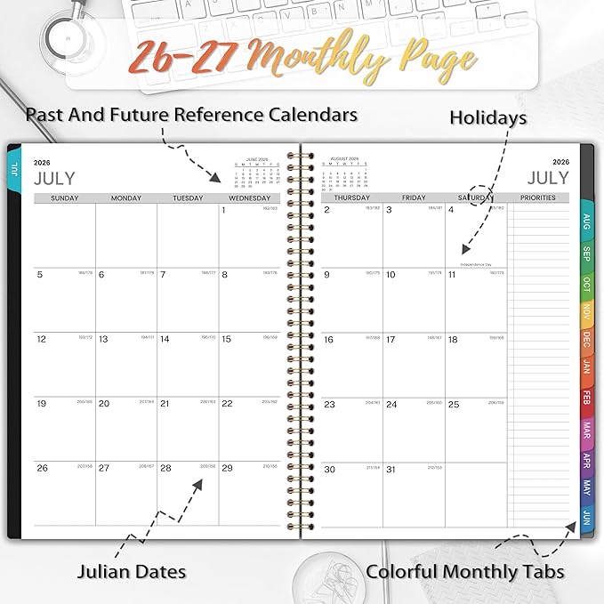 Appointment Book 2026-2027 - Planner 2026-2027, 9" x 11", July 2026 - June 2027, Daily Hourly Planner with 30-Minute Interval, Weekly & Monthly, Colorful Monthly Tabs, Inner Pocket - Black