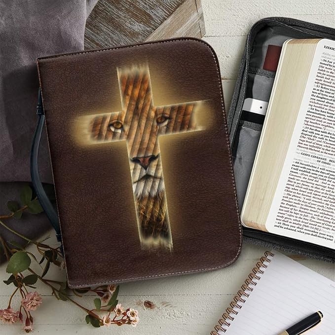Vintage Religious Cross and Lion Bible Case with Bookmark Waterproof Bible Cover Case for Women Lightweight Bible Bag with Handle Pockets Church Book Bag Brown