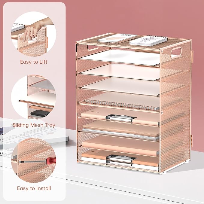 DALTACK 9-Tier Paper Organizer for Desk, Mesh Letter Tray Desk Organizer with Handles, Space-Saving File Organizer for Office Home School, Gold Rose