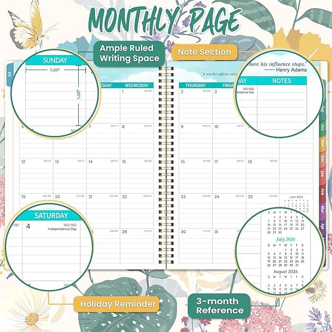 2026-2027 Teacher Planner, JUL 2026 - JUN 2027, Lesson Planner 2026-2027, 8.5" x 11", Colorful Monthly Tabs, Spiral Bound