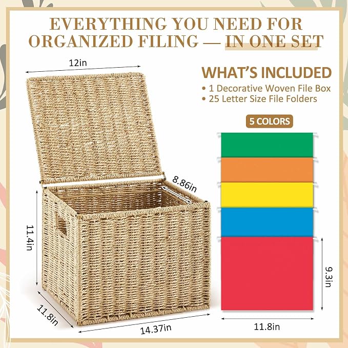 Jingmore Paper Rope File Box Organizer with 25 Hanging File Folders, Collapsible Letter Size Filing Storage Box with Lid, Handwoven Document Basket, Decorative Document Storage for Office & Home