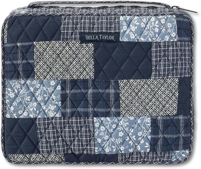 Bella Taylor Quilted Bible Cover for Women, Cotton Fabric Bible Case for Medium and Large Study Bibles, Heritage Blue Patch