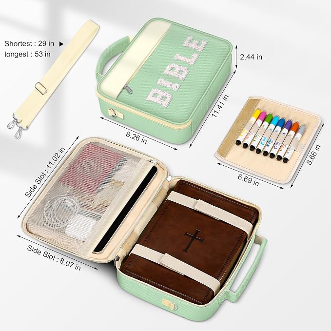 FINPAC Large Bible Cover w/Shoulder Strap, Carrying Book Case Church Bag Bible Protective w/Pen Slots and Zippered Pocket, Gift for Women Lady, Letter Green