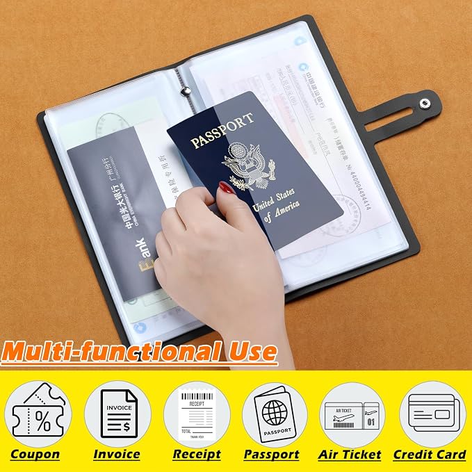 Leather Receipt Organizer, Portable Receipt Holder for Travel, Daily Coupon Organizer with 20 Pockets and 12 Card Slots to Keep Receipts and Coupons Organized, Prevent Loss and Damage (Black)