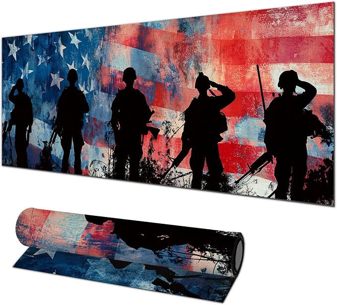 HOMETITUTE XL Mouse Pad 31.5 x 11.8 Inch Patriotic American Flag Soldier Silhouette Desk Mat Large Extended Keyboard Mat Computer Desk Pad Non Slip Waterproof Mouse Pads Gaming Office