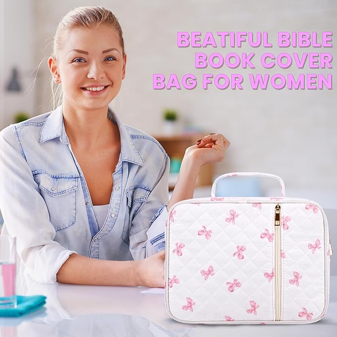 Large Bible Cover for Women, Durable Quilted Tote Bag with Handles, Bible Carry Case for Girls, Bible Study Supplies Accessories (Pink)