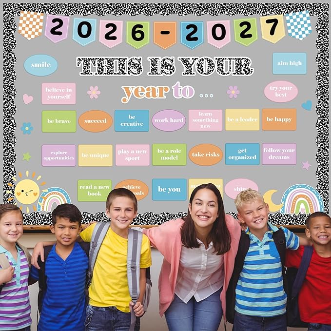 Composition Notebook Bulletin Board Set Motivational This is Your Year Decoration Pastel Inspirational Paper Cutouts for Welcome Back First Day of School Classroom Chalkboard Wall Door Decor Supplies
