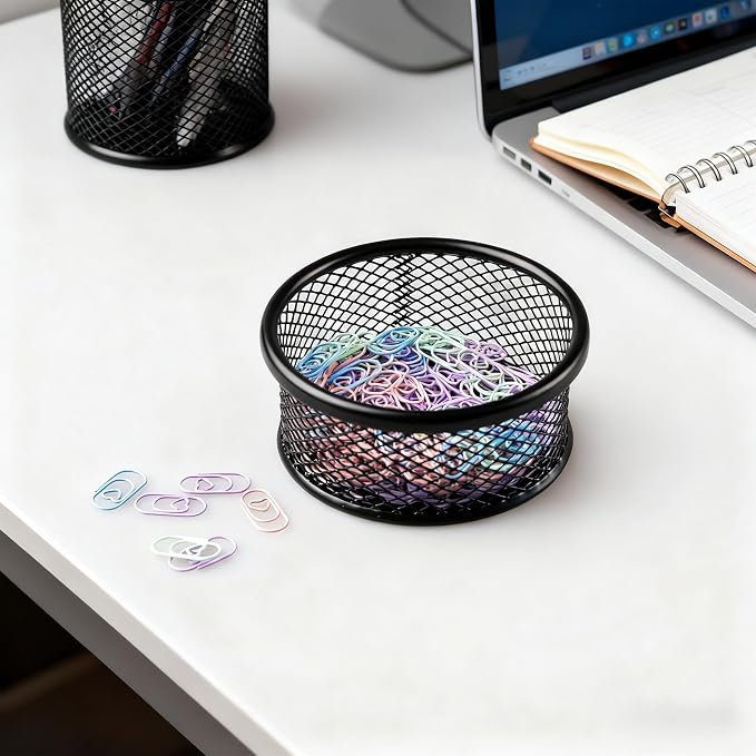 Multi-Purpose Metal Mesh Desk Organizer Bowl – Paper Clip Holder for Office Supplies, Binder Clips, Thumbtacks & Small Parts, Black (3.5” x 1.5”)