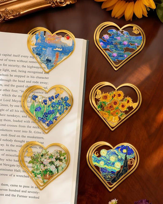 6pcs Metal Clip Heart Bookmarks for Reading Women,Van Gogh Monet Oil Painting Theme Cute Butterfly Hollow Corner Page Book Marks for Women,Teachers,Students,Reading Accessories for Book Lovers
