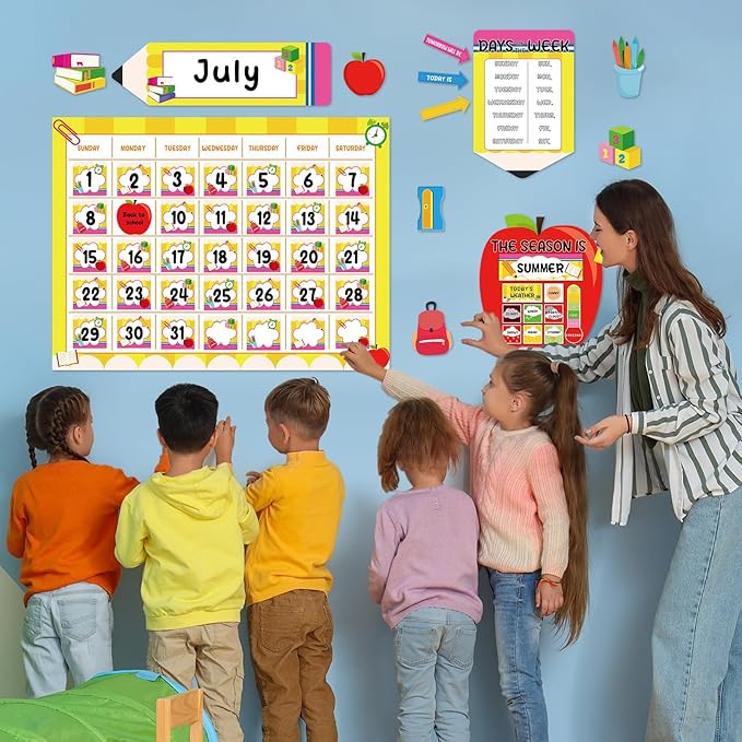 Back to School Calendar Bulletin Board Set for Classroom Decoration Colorful Pencil Apple Calendar Seasons Weather Chart Pencil CTP Bulletin Board Paper-Cuts for Teachers Elementary School Classroom