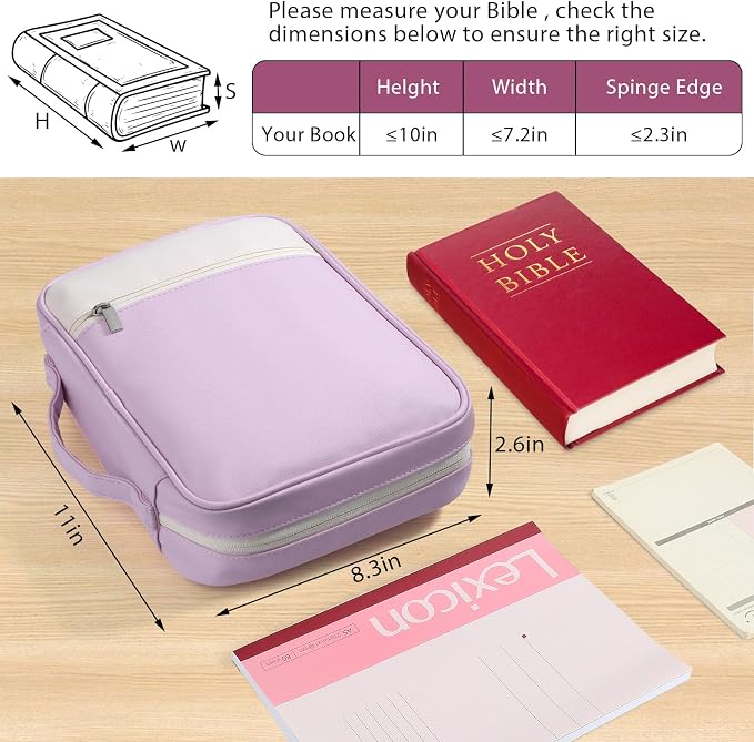 GERMUN Bible Cover with Durable Handle, Carrying Book Case Church Bag Bible, Protective with Zippered Pocket, Bible Accessories Supplies, Book Protector for Book Lovers, WhitPurple