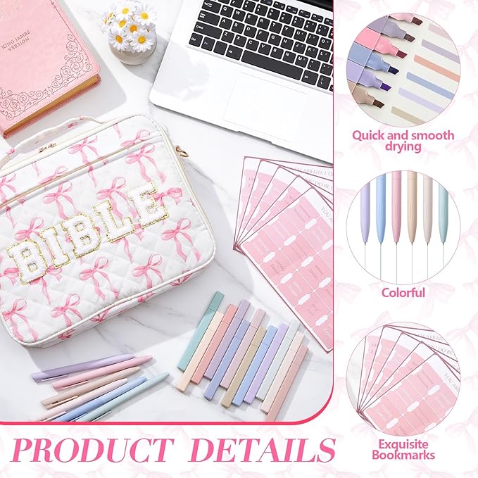Sinload Quilted Bible Cover Case for Women 12 x 9 x 2.5 Inch Bible Chenille Letter Bag with Shoulder Strap Carrying Tabs 6 Colored Pens 12 Highlighters Christian Church Study Gifts(Pink,Bow Tie)