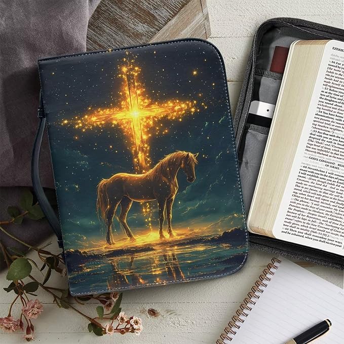 Bible Covers for Women Horse Gold Cross PU Leather Bible Case with Handle Waterproof Bible Protector Lightweight Bible Tote Bag for Man