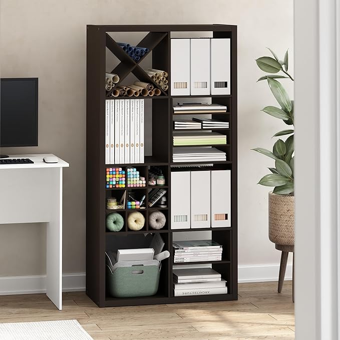 Furinno Cubicle Cube Insert, 9-Compartment Cube Organizer, 13.3W x 13.4H Insert Shelf for Extra Thick Series, for Organizers and Storage, Black Dark Oak (Does not fit IKEA Kallax Shelving)