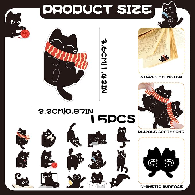 Cats Magnetic Bookmarks Gifts - 15 Pcs Black Cute Funny Bookmark for Women Kids Cats Lovers Students Bookworms Birthday Graduation Gift Magnet Page Clips School Office Reading Accessories