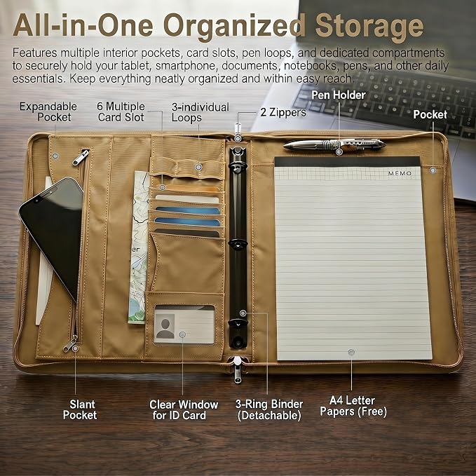 Tactical Notebook Cover, A4 Padfolio with Detachable 3-Ring Ring Binder, Multi-Pocket Organizer & Hand Strap, Zippered Hardcase Planner(Khaki, A4(13.8 x 12 inches))
