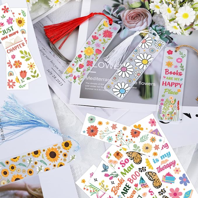 UV DTF Bookmark Wraps - 24 Sheets Flower Acrylic Bookmark Blanks Sticker, Sunflower UV DTF Transfer Stickers, Butterfly Daisy Design for Book Lover DIY Projects