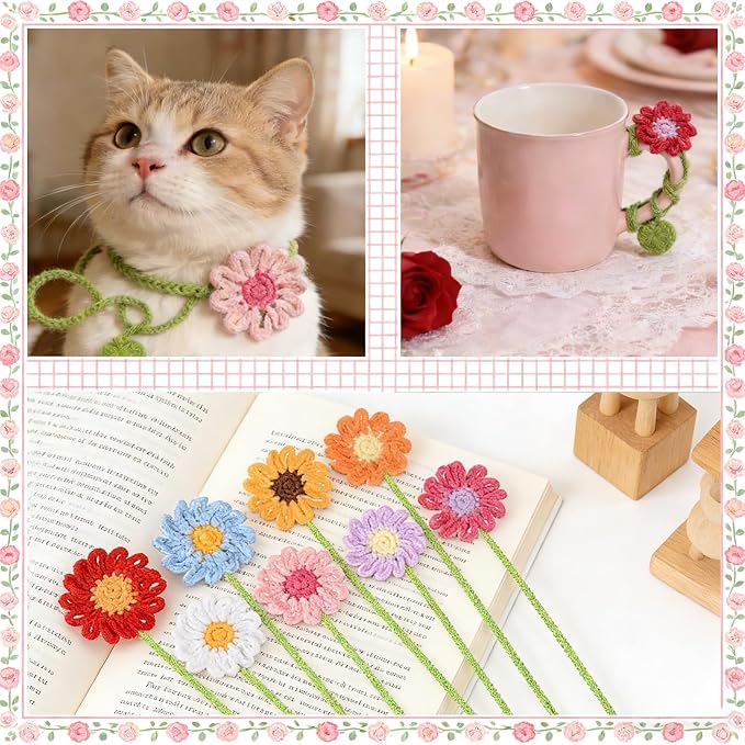 Yuboo 8 Pack Crochet Flower Bookmarks for Women, Daisy Flower Handmade Personalized Cute Funny Girly Birthday Book Marks for Reading, Gifts for Book Lovers Girls Teachers