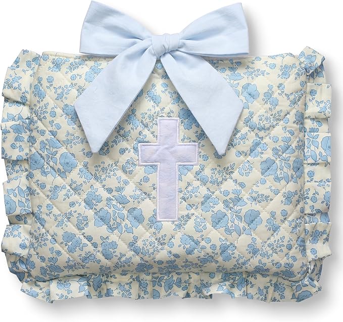 Honoson Quilted Bow Bible Sleeve Cover Case Padded Protector Washable Bible Bag Pouch Christian Gift for Women Girls Book Lover Gifts(Blue Floral Cross)