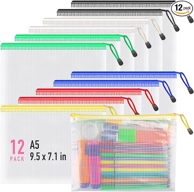 Umriox 12PCS Zipper Pouch, 9.5 x 7.1 in, Storage Bags with Zipper, Pencil Pouch for Office Supplies, Receipts, Cosmetics Travel Toiletries