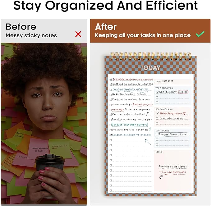 Taja To Do List Notepad - To Do List Notebook for Work with 52 Sheets, 9.8" x 6.5", Undated Daily Planner Perfect for Daily Tasks and Goal Setting, Notepad Suitable for Office, Home & School - Earth Checkered