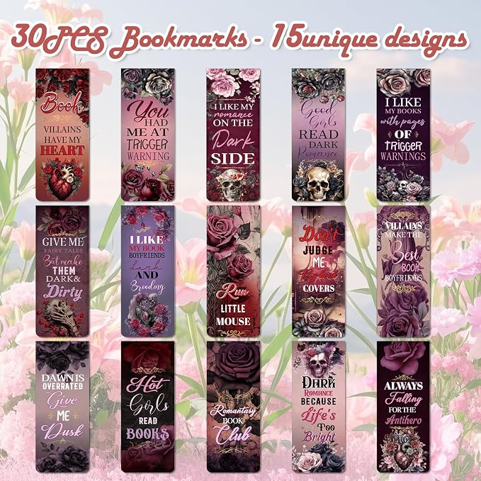 Dark Romance Magnetic Bookmarks Gifts - Wxiben 30 Pcs Romance Merch Magnet Book Page Markers Skull Roses Bookmark Clips Gift for Home Book Lovers Students Teacher School Reading Office Supplies