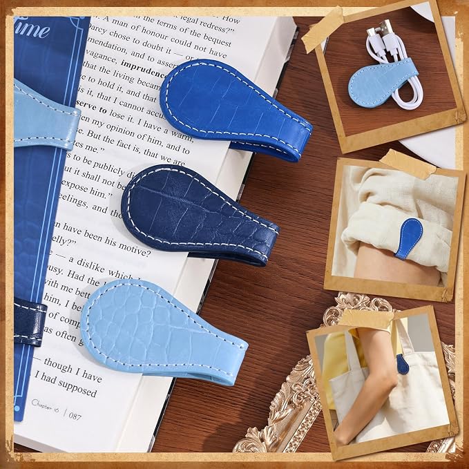 3PCS Vintage Magnetic Leather Bookmark, Leather Magnetic Bookmarks for Women, Magnetic PU Bookmarks Clip Book Accessories, Blue Pattern