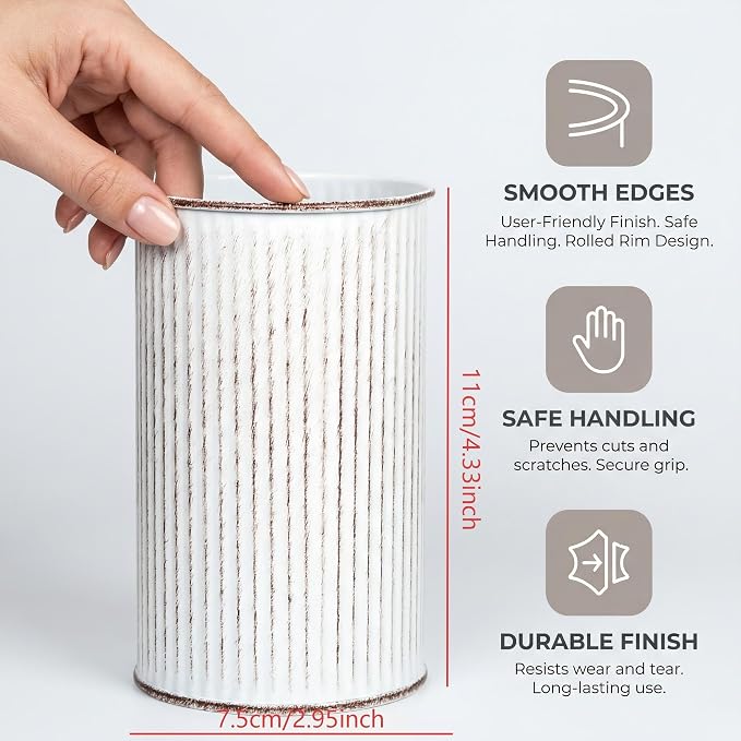 Metal Pen Holder with Vertical Groove Design, Multipurpose Desk Organizer Cup for Pens, Makeup Brushes, Utensils, Straws & Small Vase, Solid White
