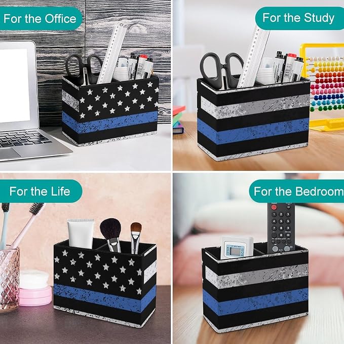 Office Storage Pen Holder Thin Blue Line Retro American Flag Police Pattern Black, Decoration Office Desk Square Pens Pencils Holder, Pencil Desk Organizer in PU Leather, Pencil Container