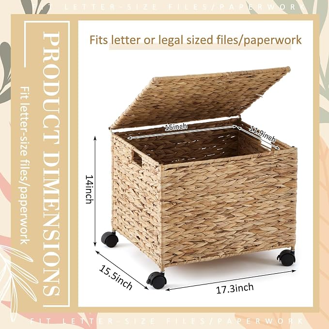 Jingmore Rolling File Box Organizers, Water Hyacinth Letter/Legal Size File Organizer with Lid and Locking Wheels, Collapsible Hand Woven Hanging Filing Cabinet Box for Office/Home Decor, Natural