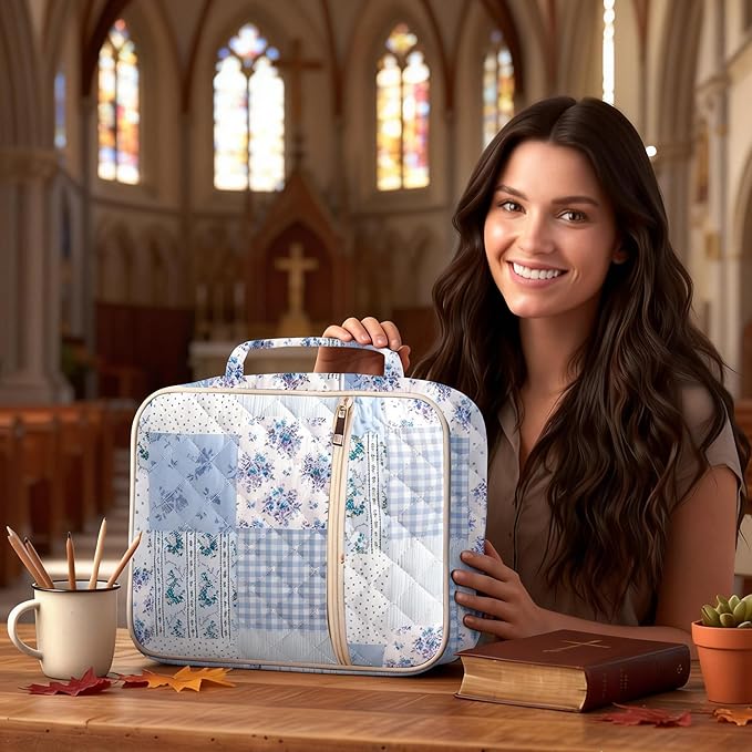 Bible Cover Case for Women, Bible Bags Large Quilted Bible Cover with Bible Study Supplies Accessories Church,Classroom,Campus,Neighborhood Association (Single Blue,M/L)