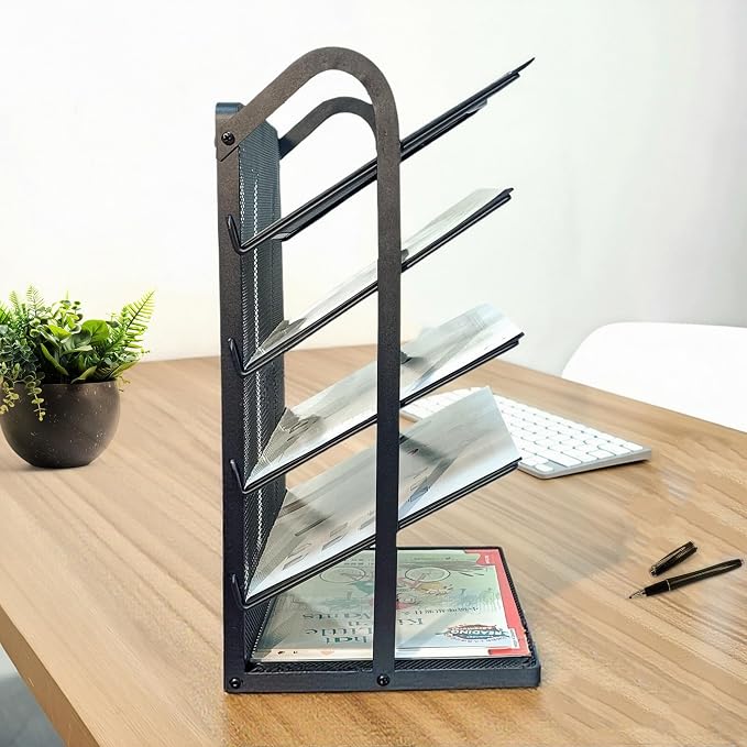 5 Tier Mesh Desk Organizer Letter Tray-Angled File Holder,Black | Metal Office Desk file Organizer with Handle,Paper Sorter Organizer for Office,Home,Classroom or School