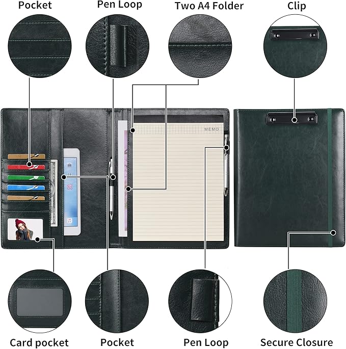 Wonderpool A4 Leather clipboard Folio Notepad with Interior Storage Pocket - Writing Padfolio File Document Case Holder for Office Travel School Hotel Hospital (A4,Green)
