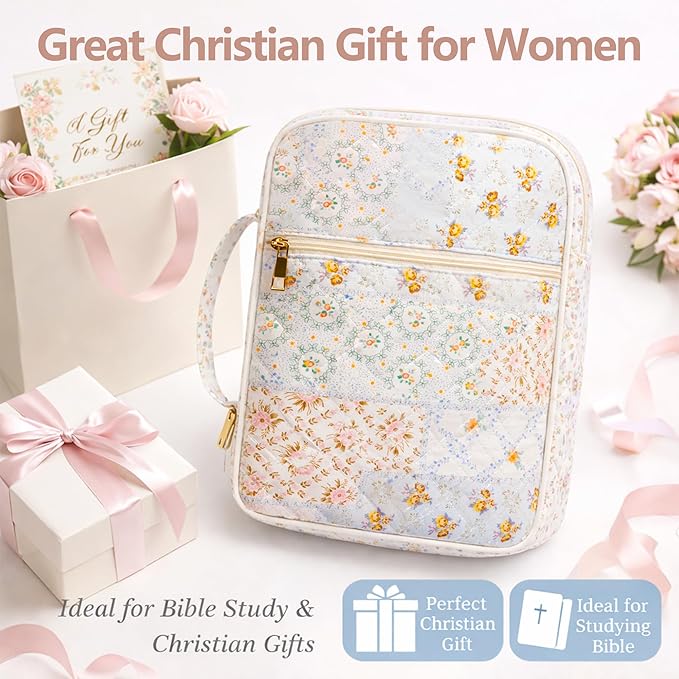 Bible Bag for Women, Bible Cover Case with Study Supplies,Large Quilted Bible Bag with Handle and Zipper, Suitable for Christian Books-Christian Gift for Girls(Patchwork Flowers)