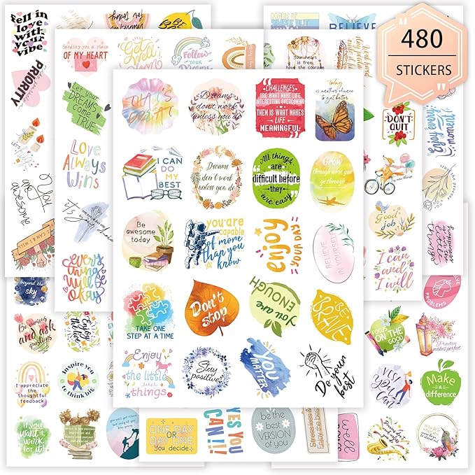 480PCS Inspirational Happy Planner Stickers for Adults Organizers Scrapbooking Supplies Waterproof Stickers Aesthetic Quotes Journaling Sticker for Kids Teens Teacher Supplies