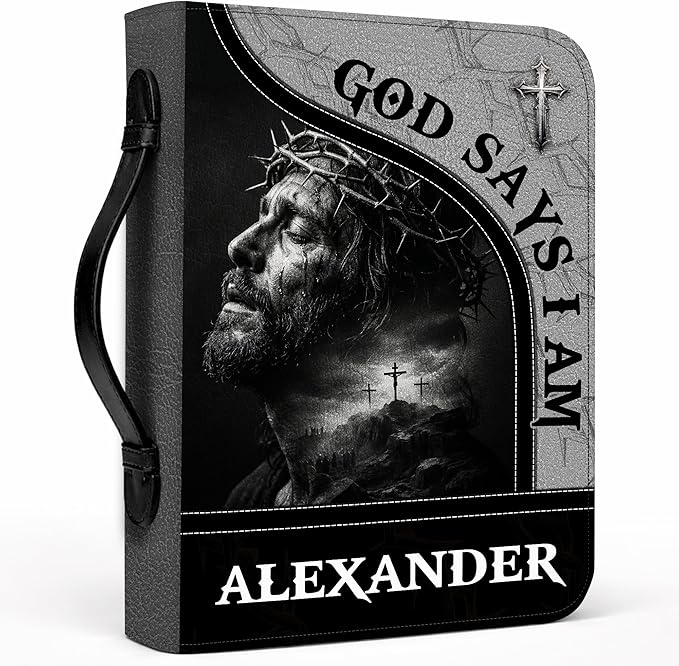 Custom Leather Bible Cover with Name – Personalized Bible Case for Women Zippered with Handle, Bookmark & Storage Pockets, Christian Gift for Mom, Daughter, Grandma (Man - God Says I Am, M-2XL)