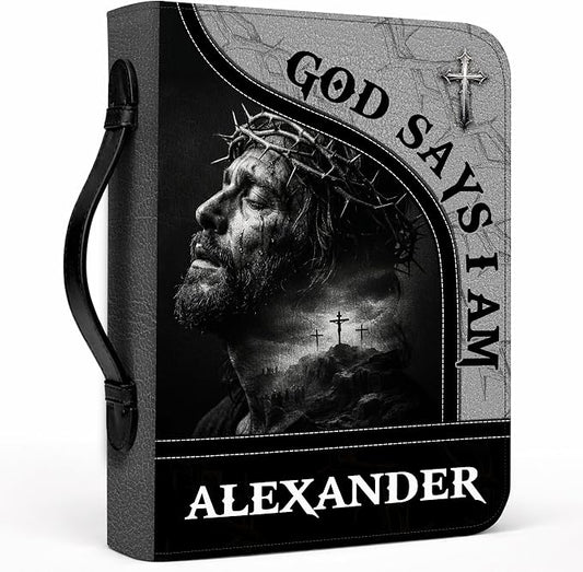 Custom Leather Bible Cover with Name – Personalized Bible Case for Women Zippered with Handle, Bookmark & Storage Pockets, Christian Gift for Mom, Daughter, Grandma (Man - God Says I Am, M-2XL)