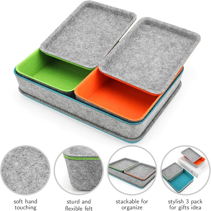 Welaxy stackable Lidded drawer organizer bins home office work desktop storage box with lid for junk makeup stationery decluttering sorting 3-pack gift idea (Orange + Green + Turquoise)