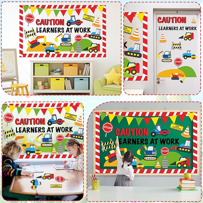 QOUBAI Construction Bulletin Board Set Traffic Themed Classroom Welcome Bulletin Board Decorations Workers Paper Cutouts Classroom Decorations for Back to School Office Home Chalkboard Decor Wall Door