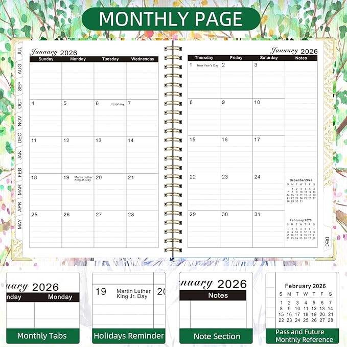 2026 Planner, Jan.2026 - Dec.2026 Planner Weekly and Monthly 6.25"x8.5" with Page Tabs, Calendar Hardcover with Inner Pocket, Elastic Band, Twin-Wire Binding, Bookmark, Color tree