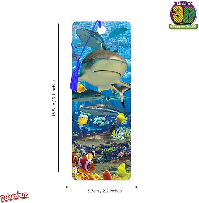 3D LiveLife Bookmark - Shark Reef from Deluxebase. Cute Lenticular Shark Page Marker. Animal Themed Accessories for Book Lovers. Small Gifts for Men, Women, Writers and Teachers.